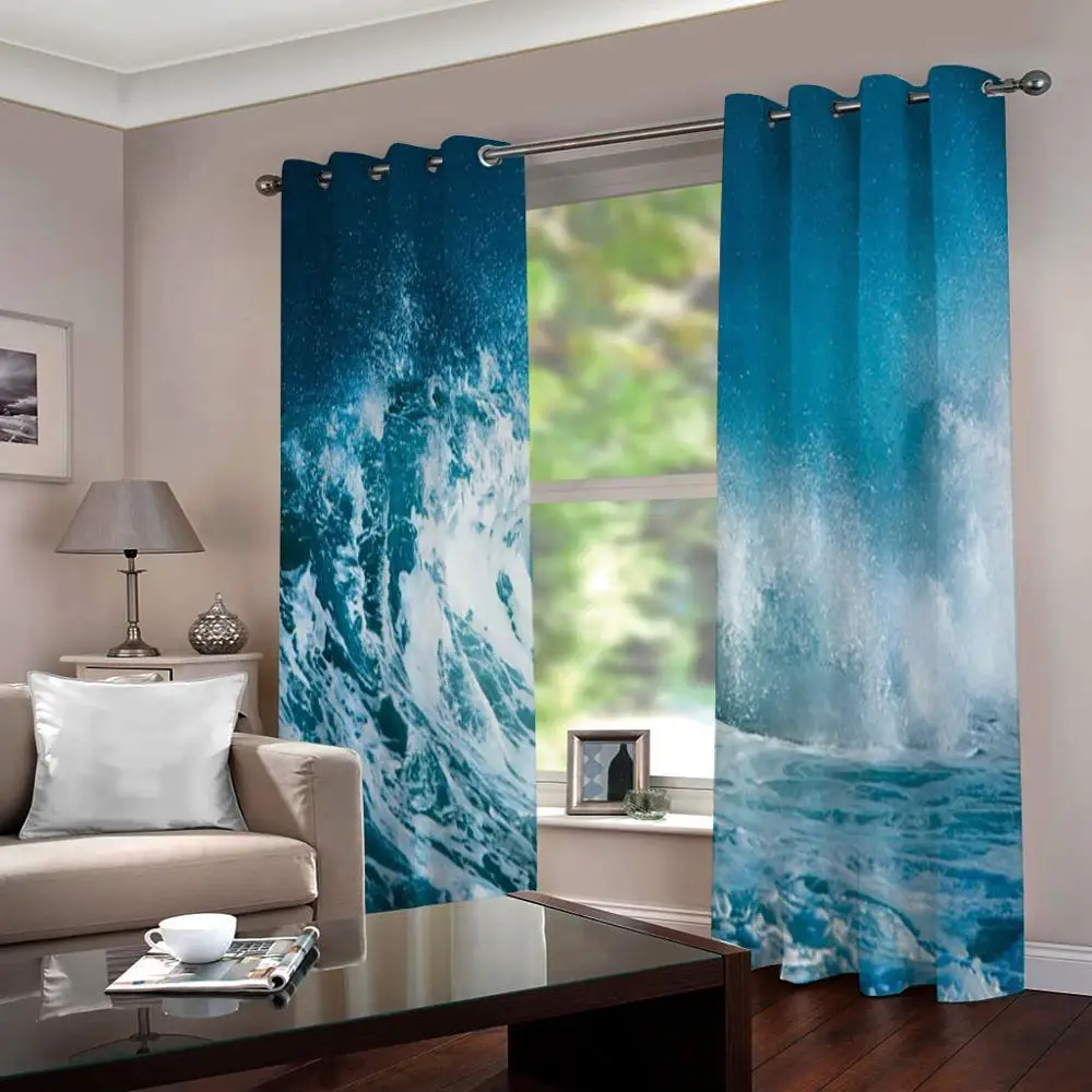 Customized 3d curtains new window balcony thickened windshield blackout curtains blue curtain waves curtains