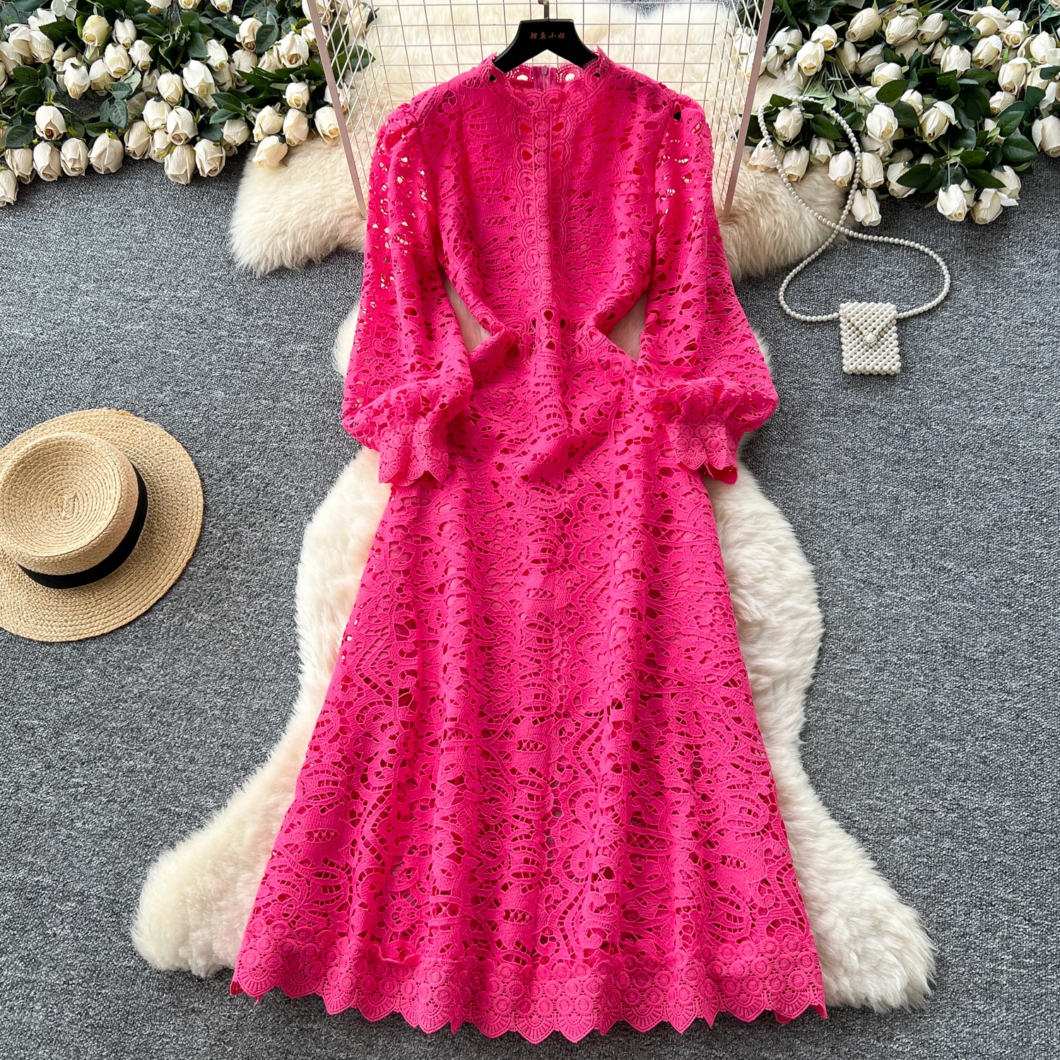 

Сексуальное шикарное кружевное платье трапециевидной формы с длинными рукавами и цветочным крючком, винтажное женское повседневное женское платье High Street