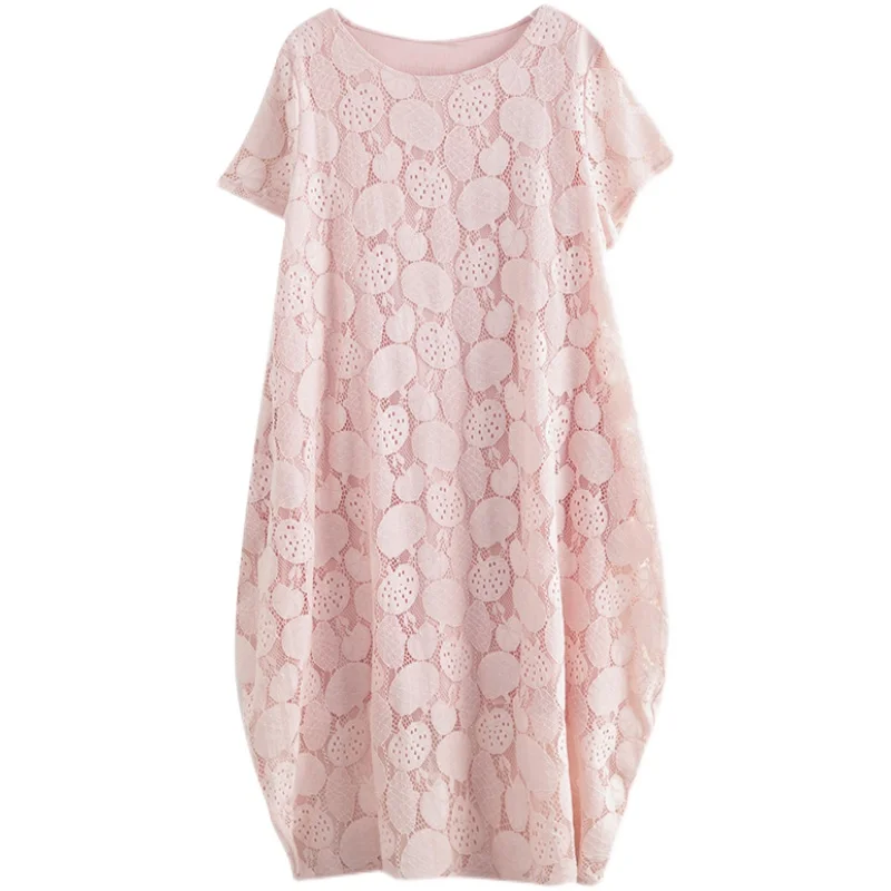  Color Lace Hollow out Dr Casual round Ne ort Sve Long Skirt for plus Size Women Summer Leisure on ape