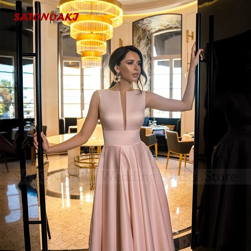 Robes De Soiree Elegant Simple Satin Evening Dresses Backless O-Neck Sleeveless Tea Length A-Line Prom Party Gown Vestidos Noche