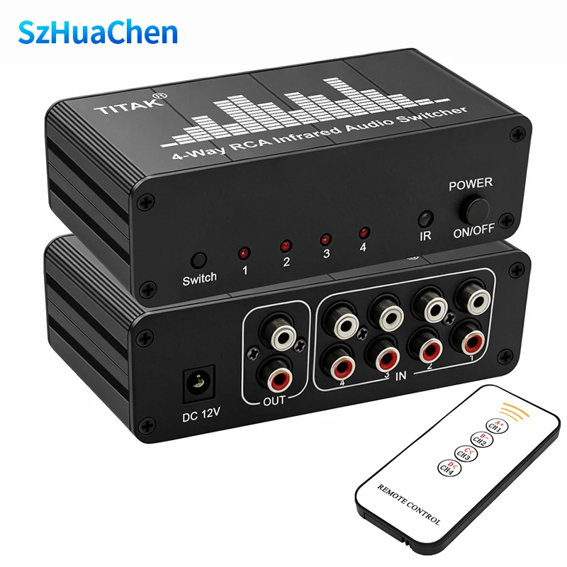 4 In 1 Out Audio Switcher 4-Way Stereo Audio Selector IR Remote Control 4 Channel AV Audio Signal Switch Box Audio Source Splitt