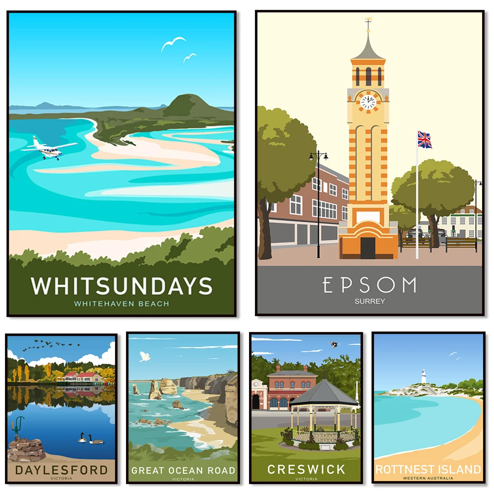 Travel poster, Great Ocean Road, Victoria, Australia, Daylesford Lake, Creswick, Whitehaven Beach, Whitsunday Islands, Rottnest