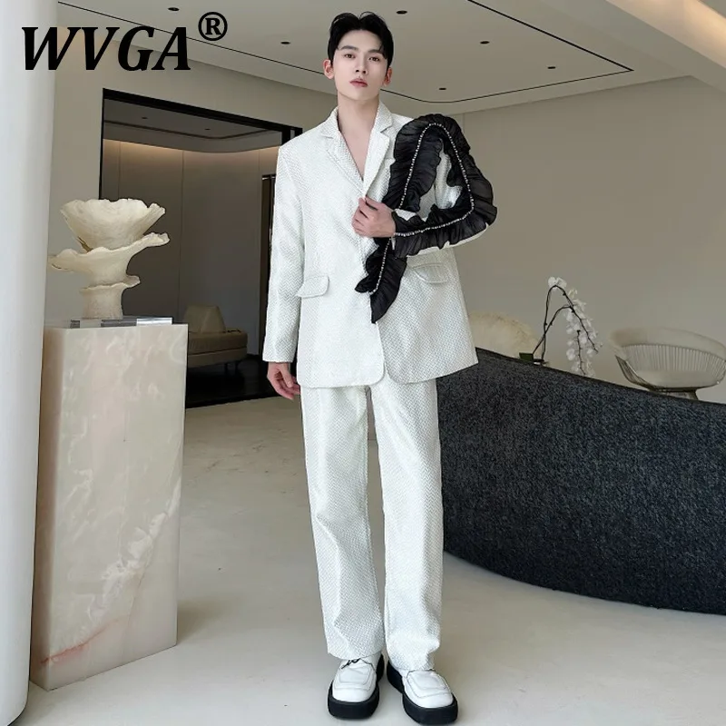 

WVGA Spring Autumn New Man Patchwork Lace Decoration Niche Chic Casual Long Sleeve Blazer Straight Suit Pants Set Ins Y2K W11226