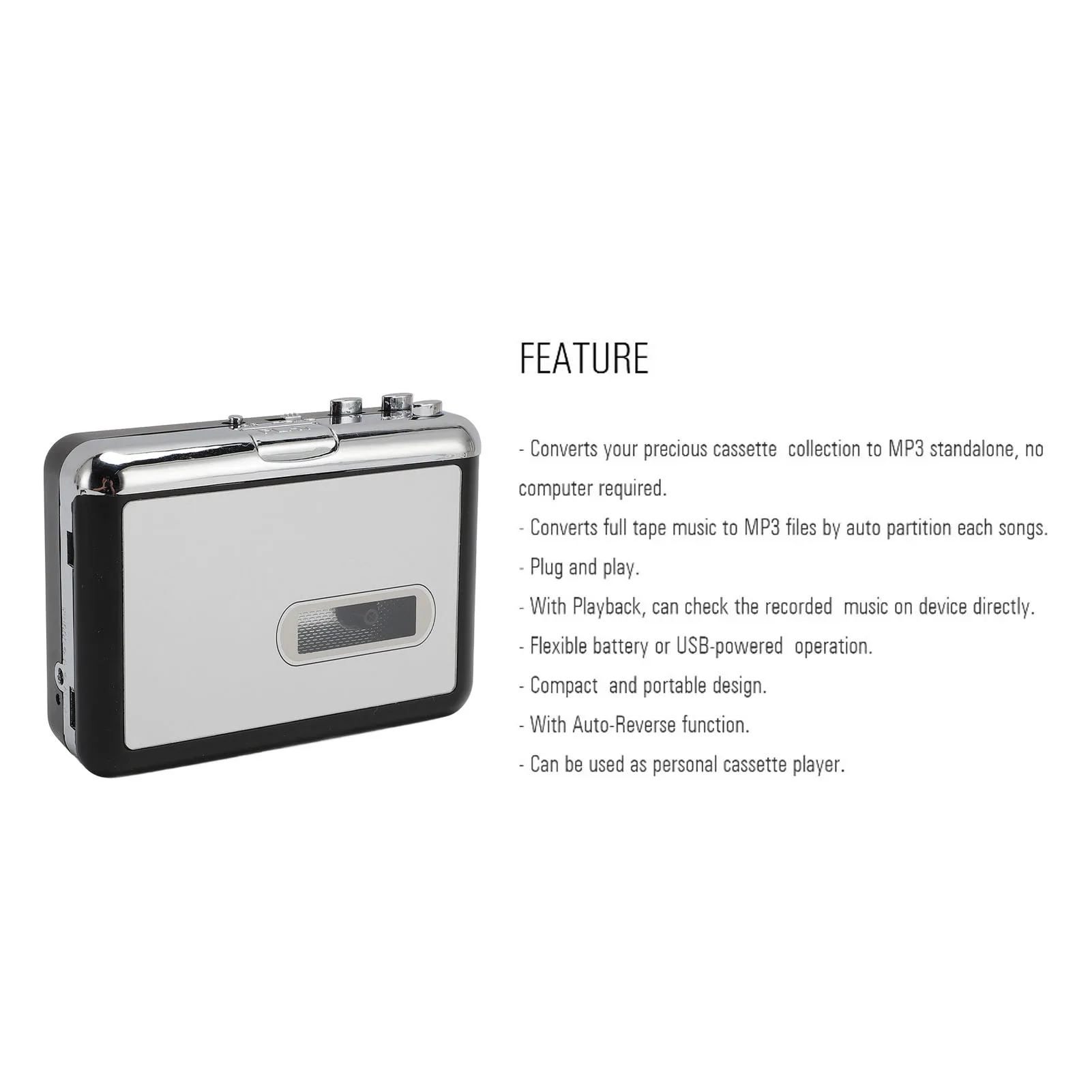 Tragbarer Kassettenspieler, USB-Kassette zu MP3-Konverter mit Kopfhörer, HiFi-Stereo-Sound, USB-Kassette zu MP3-Konverter