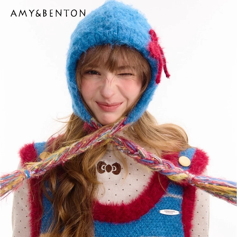 

2025 Autumn Winter New Braided Bow Women's Hat Vintage Design Sweet Cool Cute Y2k Warm Versatile Cold-proof Knitted Hats Ladies