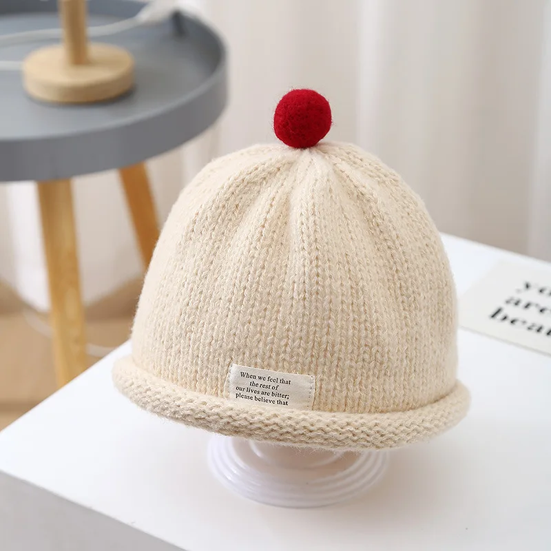Winterwarme Baby-Strickmütze mit niedlichem Pompon, Säuglings-Beanie-Mütze, koreanische Mode, einfarbige Wollmützen für Jungen und Mädchen. – Detail 9
