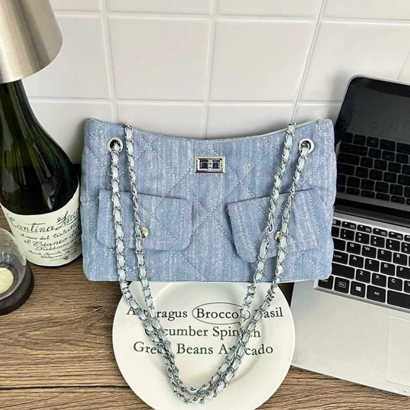 

Elegant Women Tote Bag Fashion Chain Quilted Denim Crossbody Shoulder Bag High Quality Buckle Denim Underarm Bag