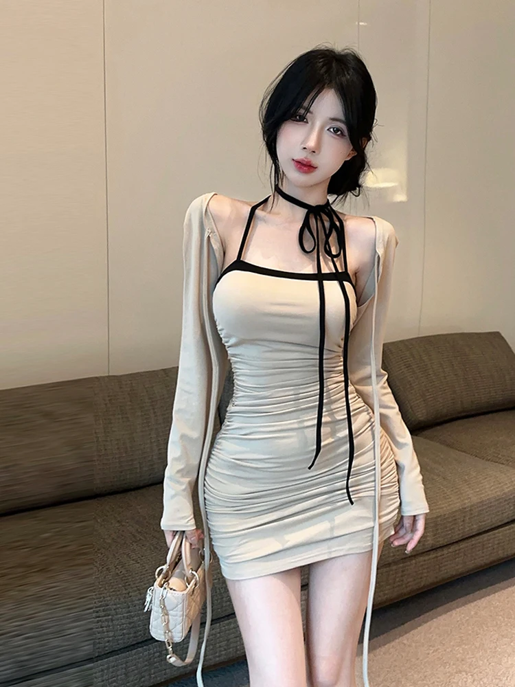 Sexy Girl Long Sleeve Wrap around Neck Color Block Tube Top Dress Bottom Two Piece Set Autumn Fashion Casual Women's Dress
