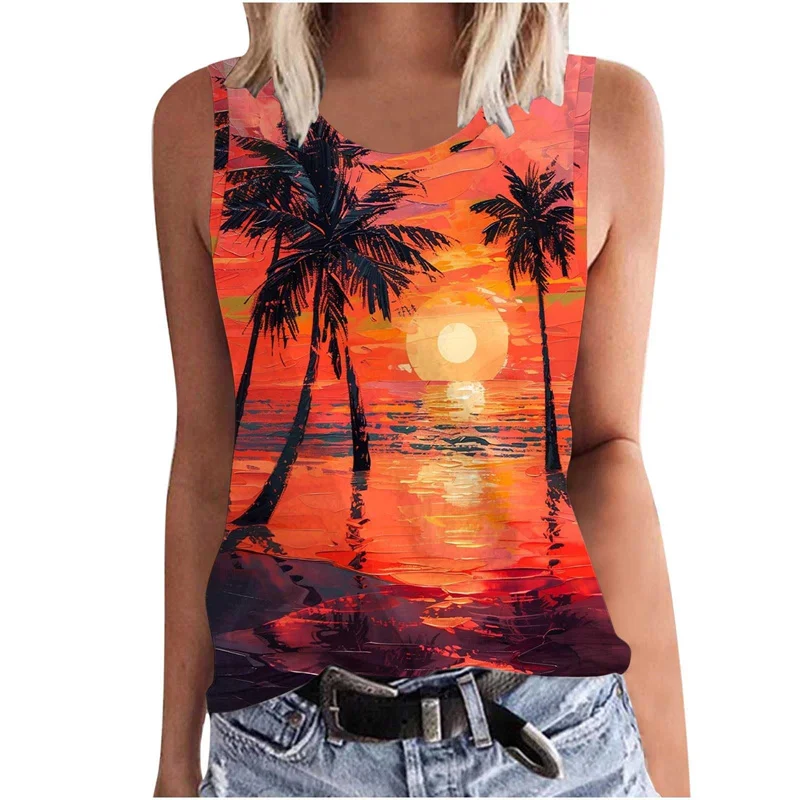 Harajuku Summer 3D Cocoanut Trees Printed Tank Top For Men Sunset Graphic Tank Tops Kid Fashion Cool Vest Streetwear Clothes Top