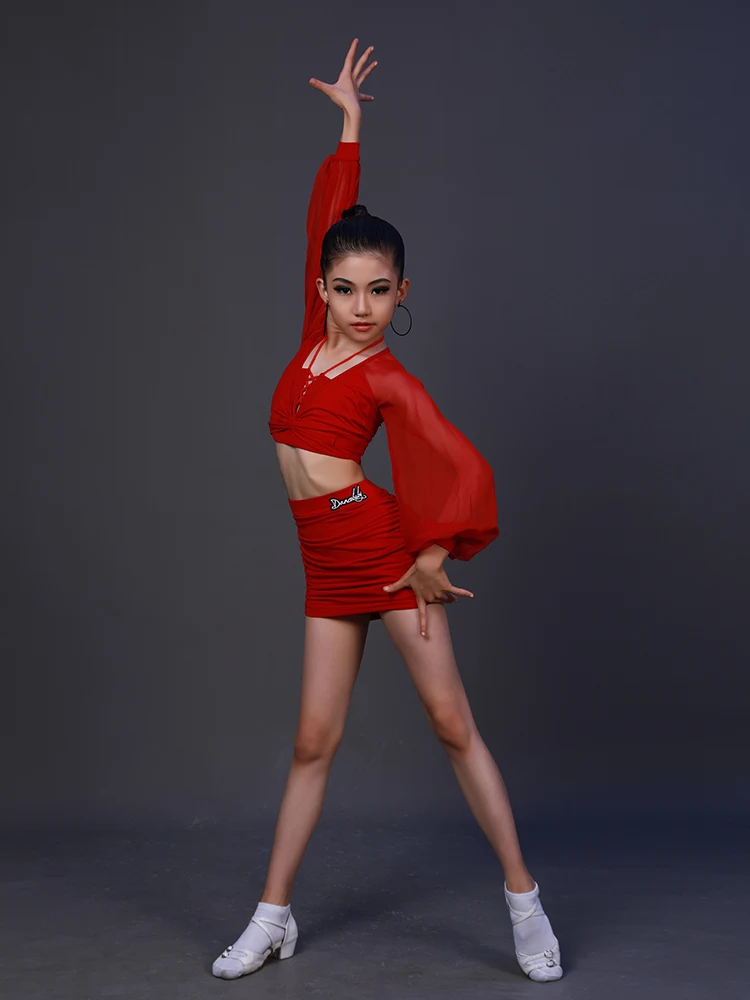 Latin Dans Rok Kids Professionele Rumba Praktijk Kleding Samba Tango Salsa Cha Cha Dans Rood/Wit/Zwart Half jurk DWY8584