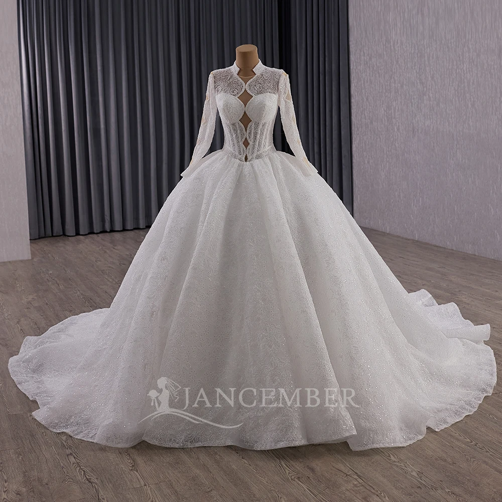 

Glitter High Neck Customized Wedding Dresses Classic Long Sleeves Shiny Tulle Ball Gown Princess Bridal Gown Vestido De Novia