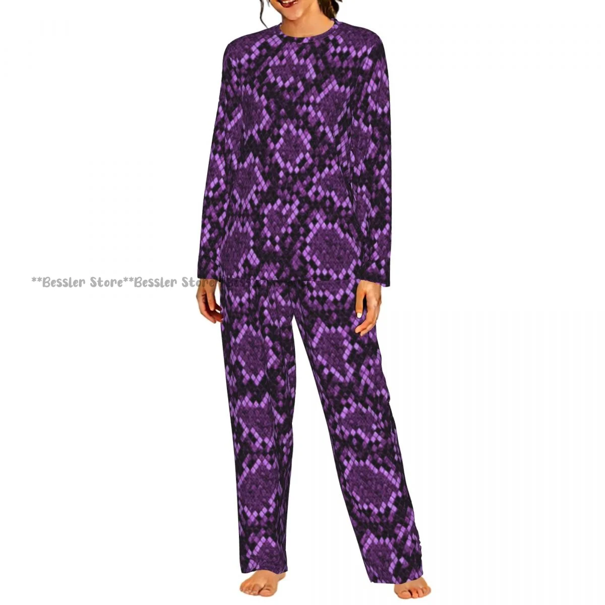 Women Casual Round Neck 2PCS Sleepwear Set Long Sleeve Shirt & Long Pants Snakeskin Pattern Daily Home Loungewear