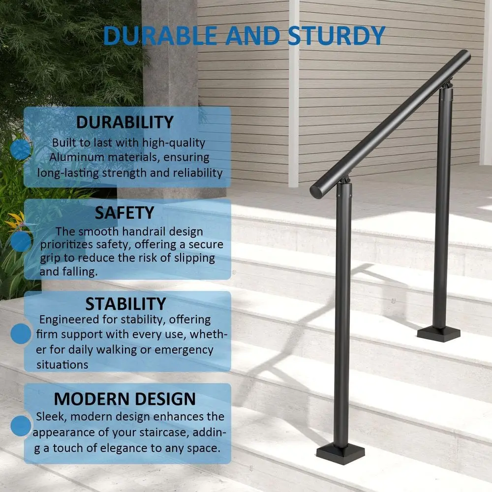 درابزين دائري من الألومنيوم للخطوات والسلالم - تحميل 800 رطل، مجموعة 0-4 خطوات، الشرفة والسطح (أسود محكم، 4 أقدام)