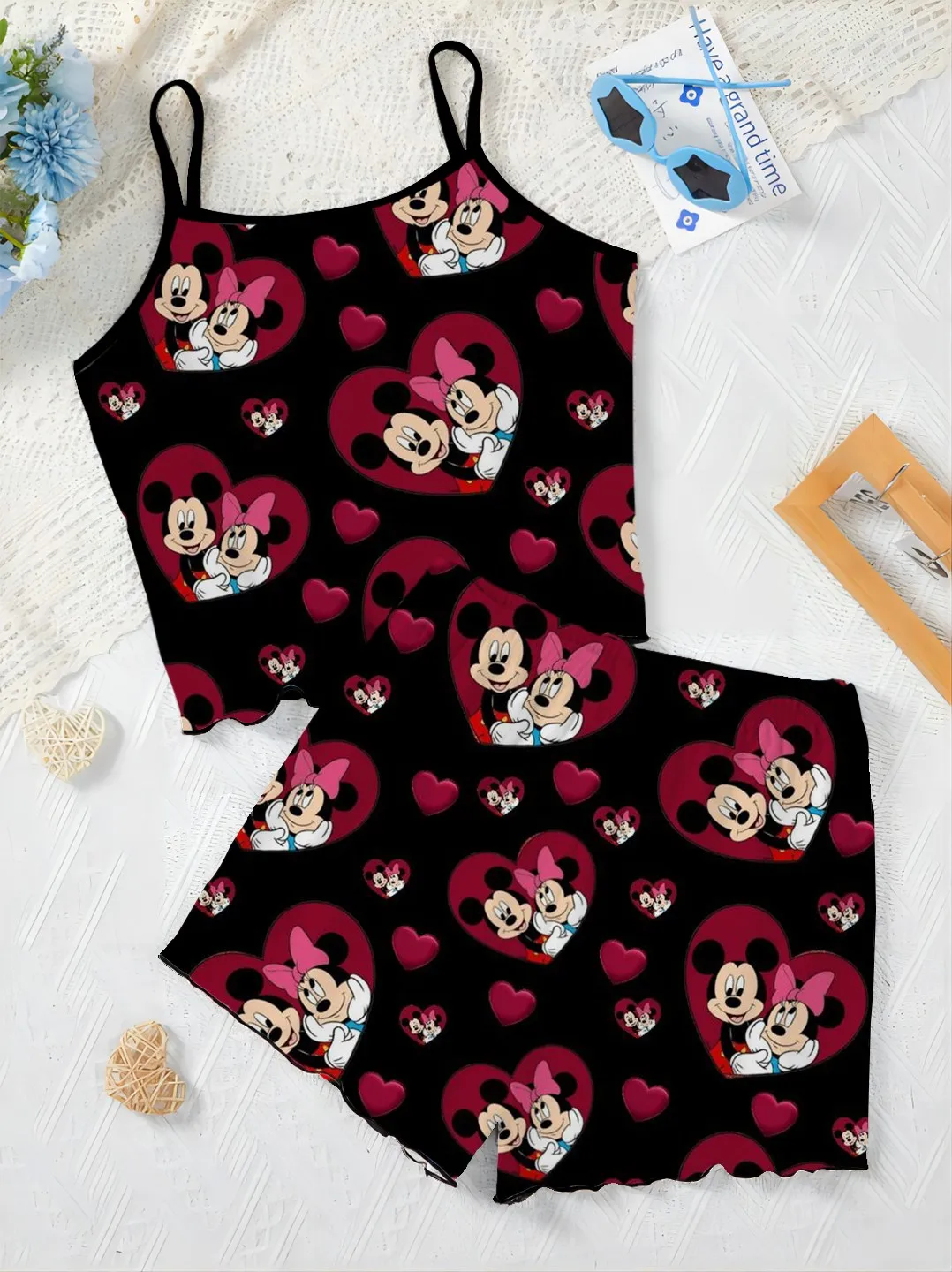 Slip Dress Short Sets for Women 2 Pieces Mickey Top Minnie Mouse Lettuce Trim Disney Pajama Skirt T-shirt Elegant Women's Suit