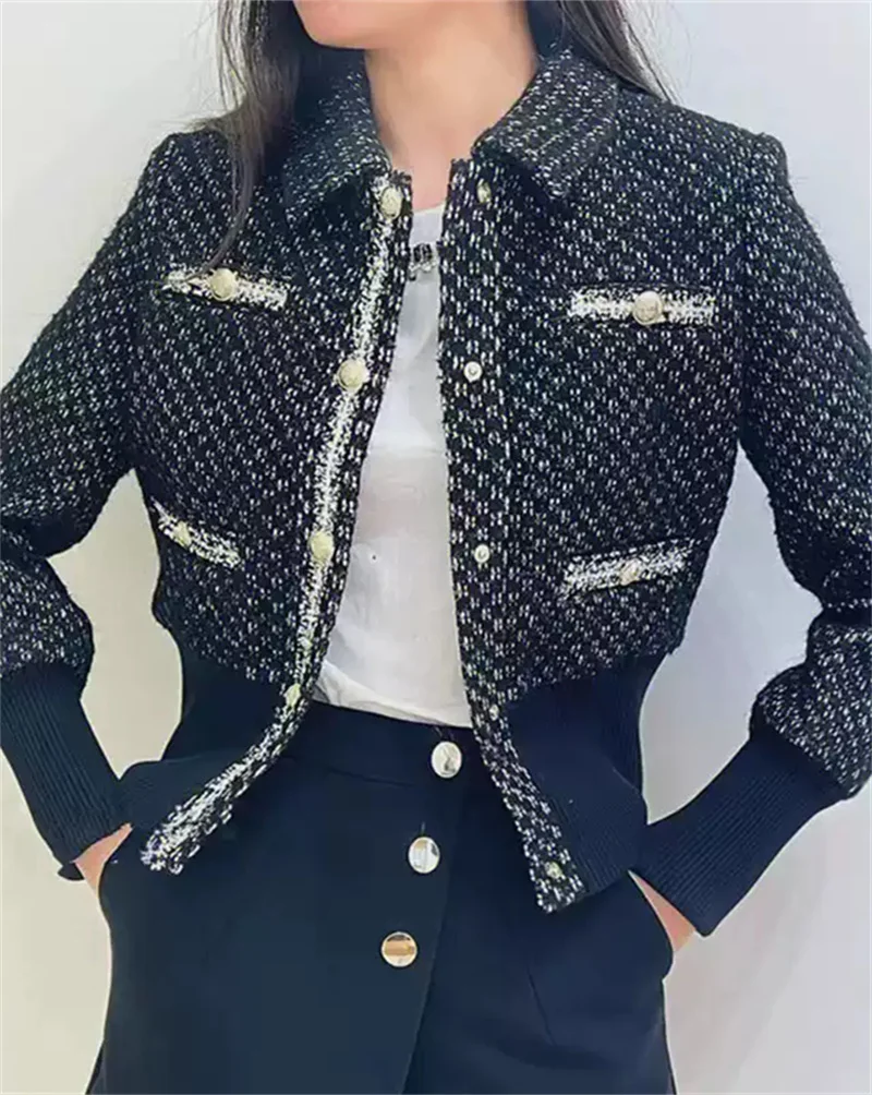 Autumn and Winter New Female Coarse Tweed Single Row Metal Buckle Shiny Thread Waist Cinching Short Jacket