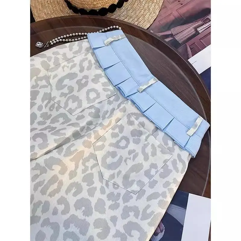 Calça jeans reta lavada americana, saia com estampa de leopardo, emenda y2k, novo nicho retrô feminino, design solto, calças de pernas largas