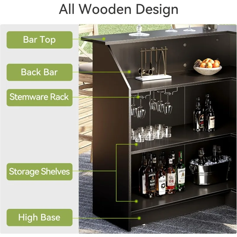 Mueble de bar negro, mini mueble de bar doméstico de 4 niveles con estante para copas