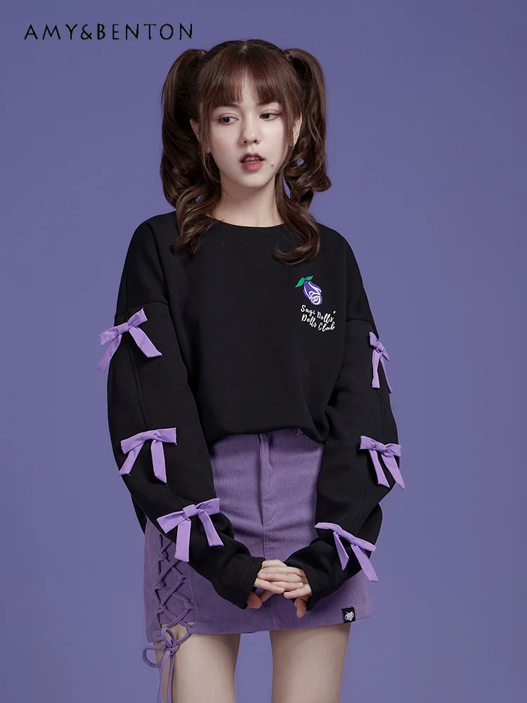 

Harajuku Style Street Sweet Tridimensional Bow Printed Round Neck Sweatshirt Loose Slim Long Sleeves Hoodies Women Autumn New