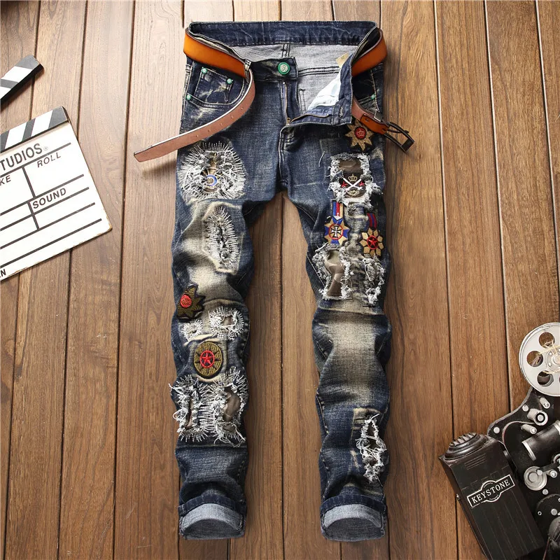 Fashion design 2024new jeans men's retro fashion embroidered patch hole patch washed motorcycle slim fit skinny pants