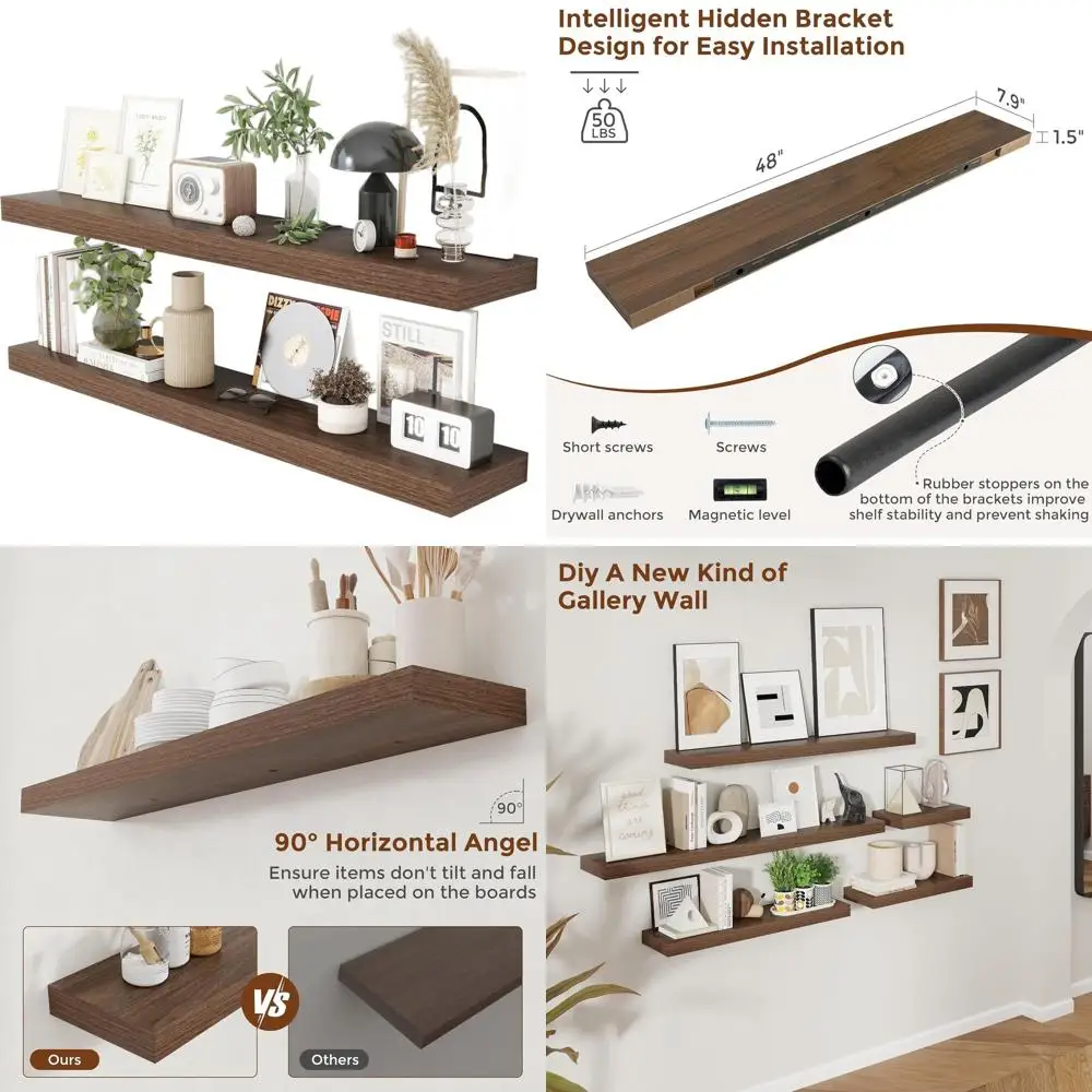 

Set of 2 48 Deep Walnut Floating Shelves, 8 Wide, Rustic Style Wall-Mounted Display & Storage