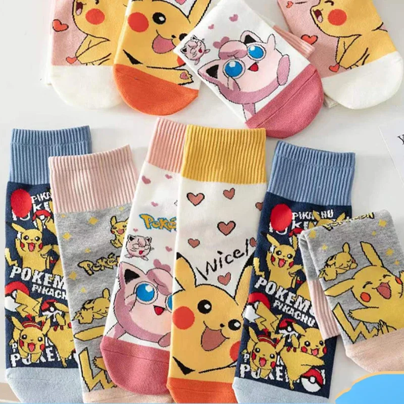 5 Pairs Pokemon Anime Figures Pikachu Jigglypuff Cotton Shortsocks Women Cute  Student Sports Socks Warm Birthday Gifts