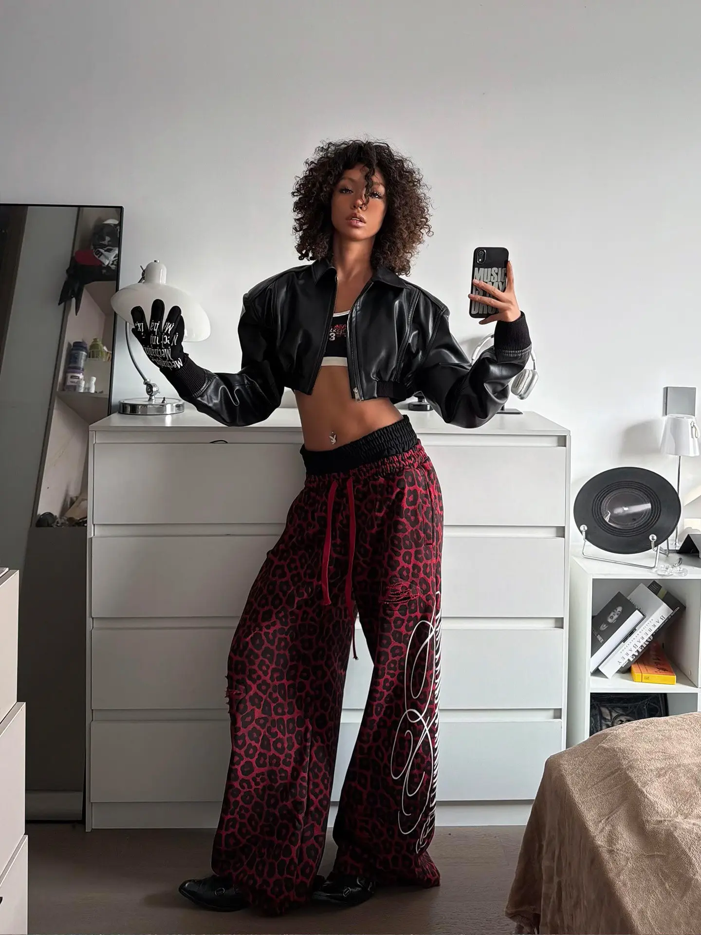 Women Leopard Oversize Sweatpants Harajuku Baggy Star Pants 2000s Y2k Vintage Japanese 2000s Style Trousers Autumn Fashion