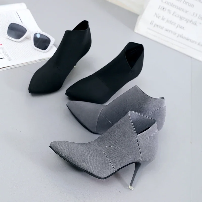 2024 Grey Fashion Women High Heel Booties Large Size 34-41 Female High-Heeled Boots Young Ladies Booties 8.5cm Heel Cloth Boots