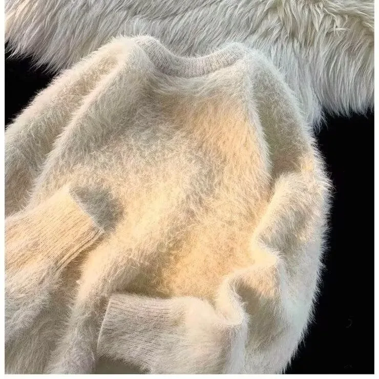 

Soft Thiened Winter Knitted Sweater Men's Loose Bot Basic Sle Japanese Retro Feel Long Sve round Ne Color