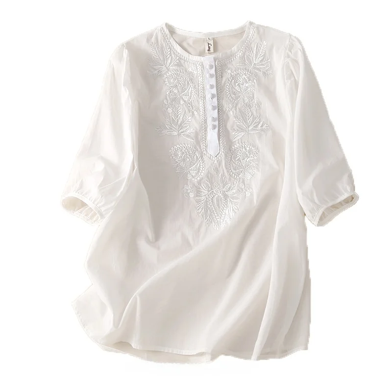 Top Retro de lino y algodón bordado pesado de cinco cuartos Sve irt de talla grande para mujer, Top redondo con botones Ne