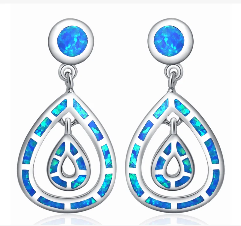 JLE1097 New Elegant Double Water Drops Blue Fire Opal Earrings Sterling Silver 925 Silver Ladies Earrings  Fashion