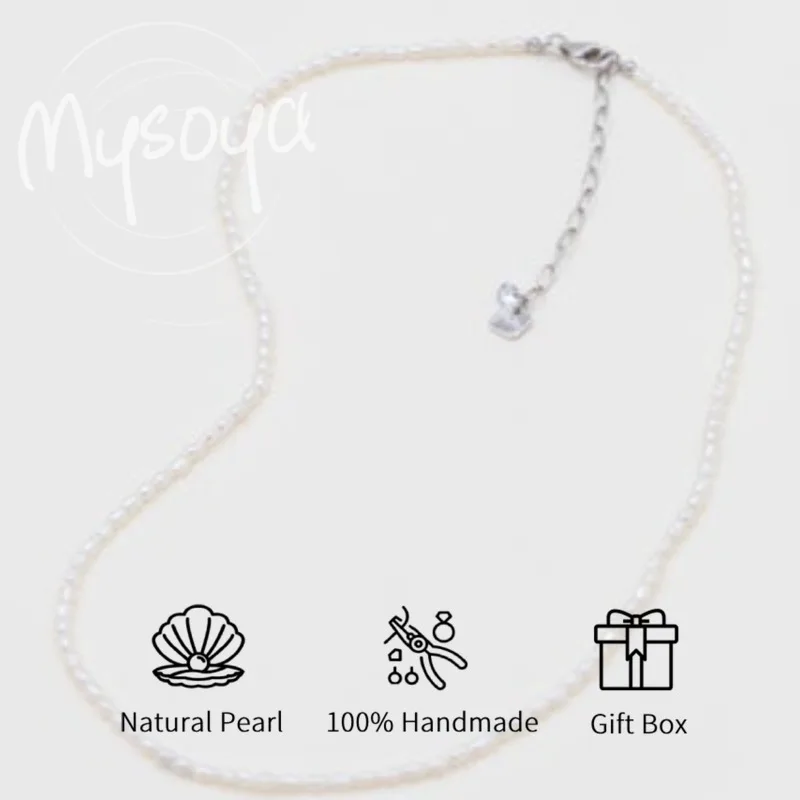 

MYSOYA White Rice-Shaped Baroque Freshwater Pearl Necklace 3-4mm With Gift Box For Her/Him Birthday/Wedding/Christmas Gift