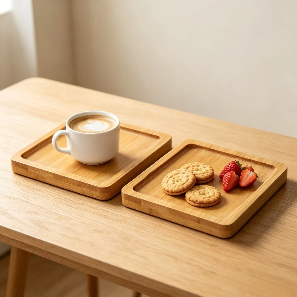 2pcs Square Bamboo Serving Tray Small Wooden Tray with Groove Edge, Food Dessert Snack Tea Coffee Plate, Natural Bamboo Tray