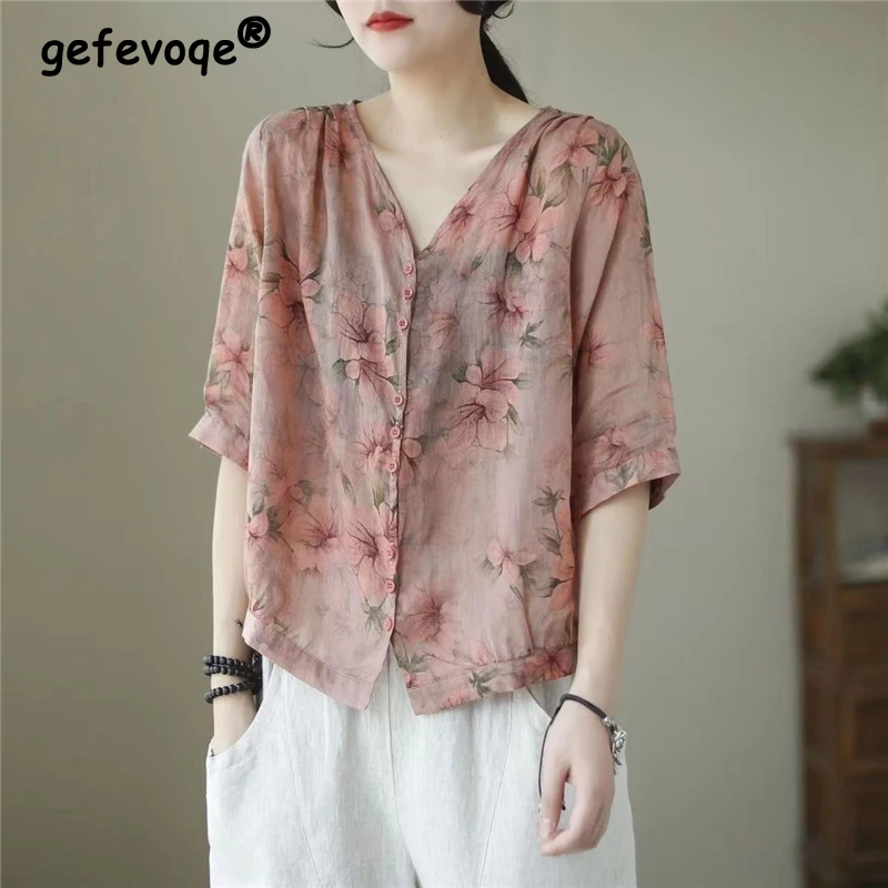 Womens Vintage Floral Print Button Up Shirt Summer Stylish Casual V Neck Blouse Half Sleeve Loose Tops Blusas Mujer De Moda 2023