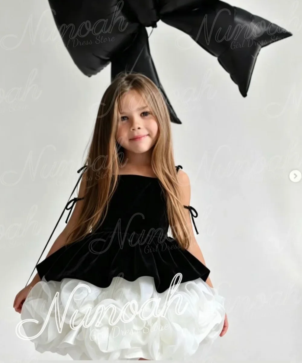Black Flower Girl Dresses for Wedding Ruffles Suspenders Knee Length Girl Gown for Photoshoot First Communion Gowns Customized