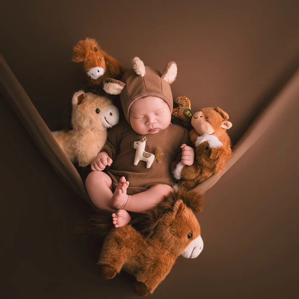 0-1 Month Horse Newborn Photography Props Cartoon Theme Style Baby Outfits with Matching Hat and Horse Doll for Baby Posing