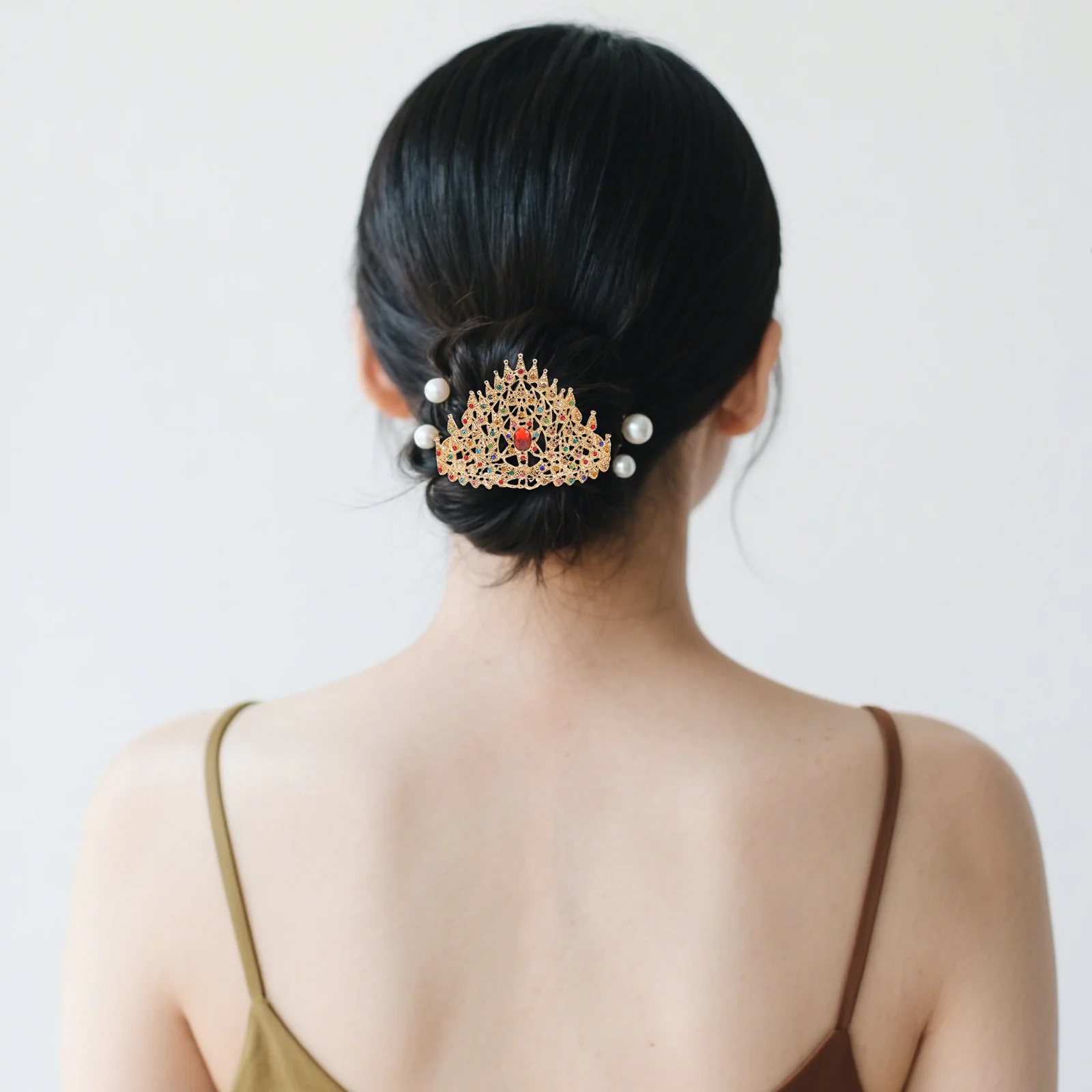 

Thai Traditional Crown Princess Hairpin Comb Headdress Golden Rhinestone Wedding Bridal Tiara Hair Accessories for Festival