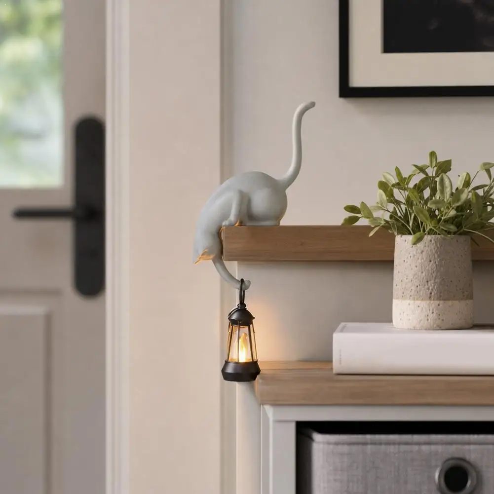 Cat Shelf Sitter Lamp with Lantern Bookshelf Decor Light Cordless Flickering Flame Night Light Vintage Flame Lamp for Book Lover