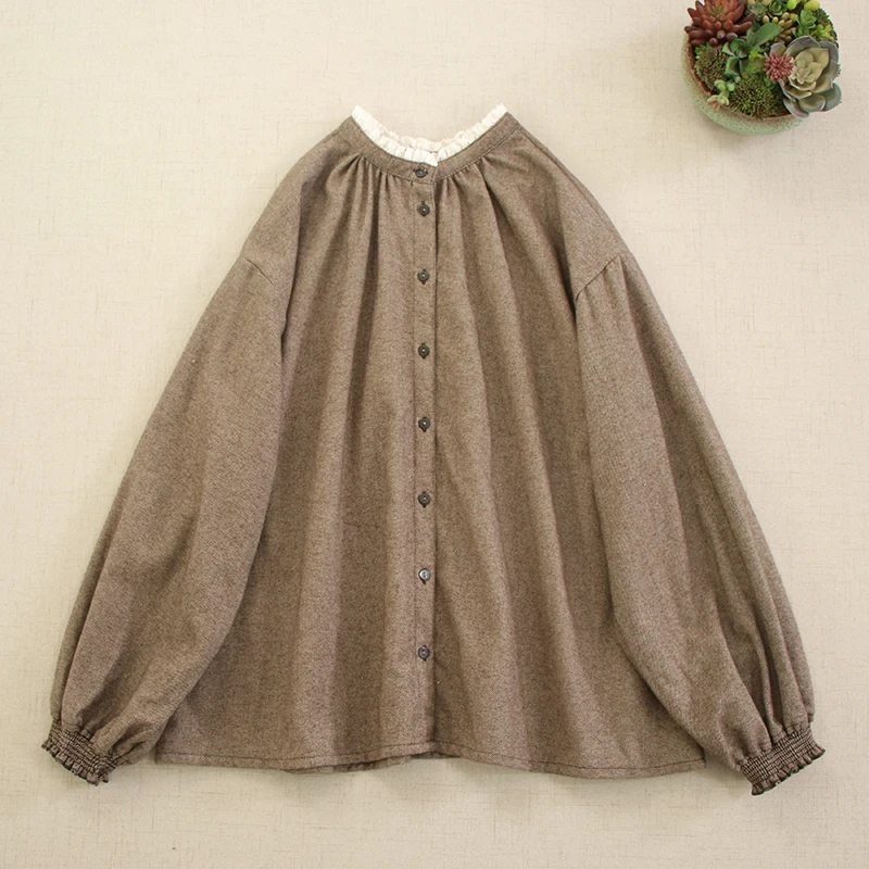 Japanese Mori Girl Vintage Single Breasted Cotton Shirts Women Spring New Stand Collar Long Sleeve Casual Loose Shirt Tops