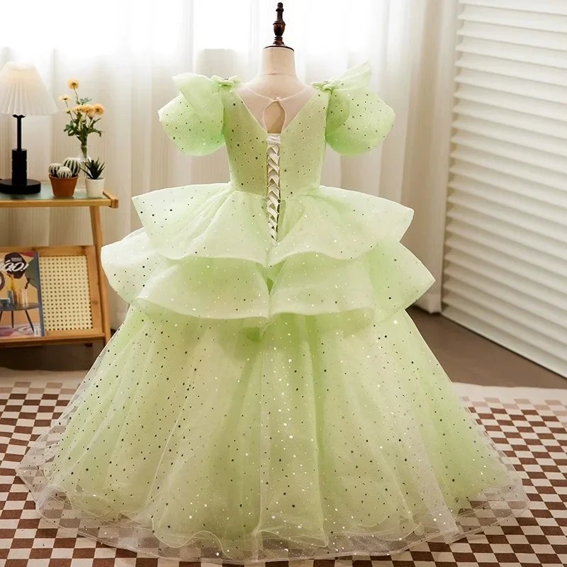 Vestido de baile verde claro personalizado, vestidos de menina flor de bebê, lantejoulas, baile, festa de aniversário, ocasião formal