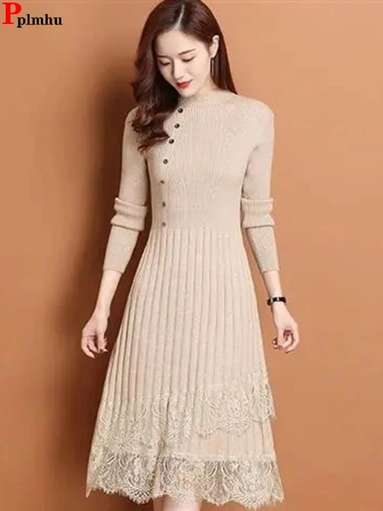 slim lace knit wears dress mid length vintage knit vestidos woman elegant knitted dresses button soft sweater long sleeve top