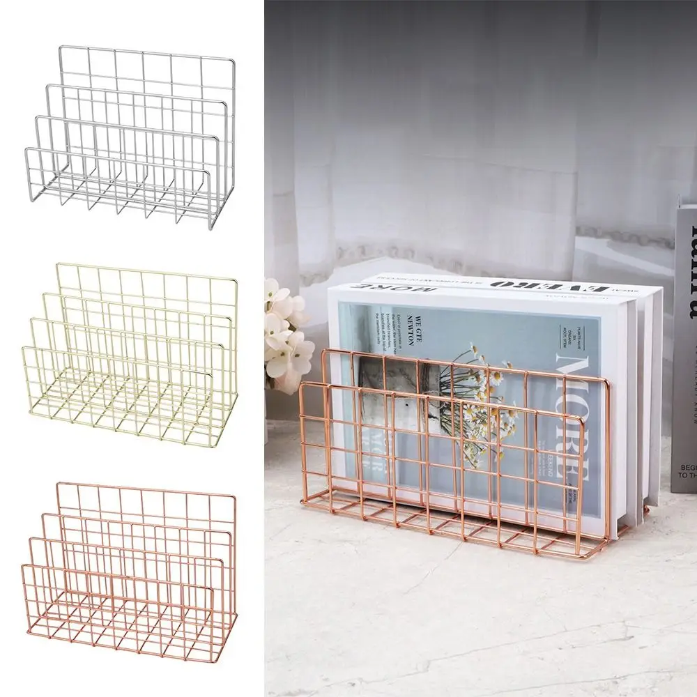 

Multicolor Iron Bookshelf Multi-porpose 3 Compartments Magazine Organiser Shelf Hollow Iron Art Newspaper Storage Holder