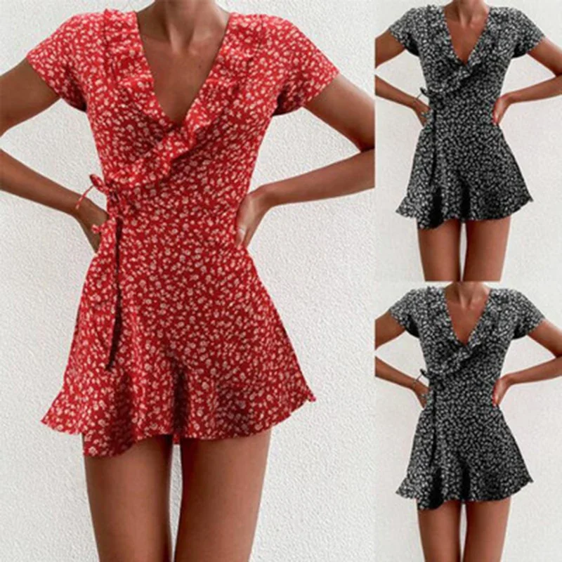 

Summer Women Floal A-Line Dress Sweet Elegant Floral Ruffles V-neck Bandage Short Dress for Lady Chic Flowers Mini Dress