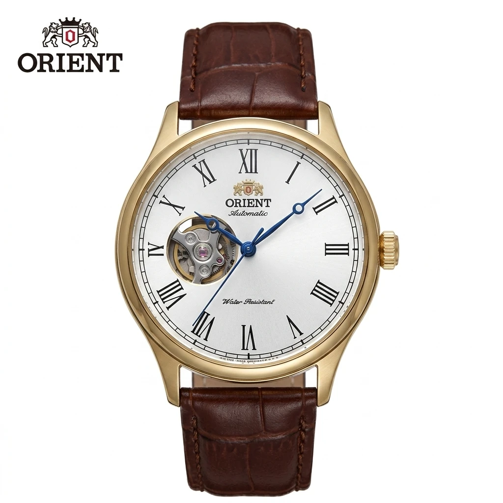 Orient Men Open Heart Skeleton Automatic Mechanical Watch Roman Numerals Leather Strap Business Wrist Watch