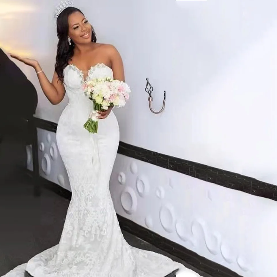 Vestidos de novia africanos de sirena con Apliques de encaje sin tirantes, sexys, personalizados, sin espalda, tren de corte desmontable, vestidos de novia de tul 2023