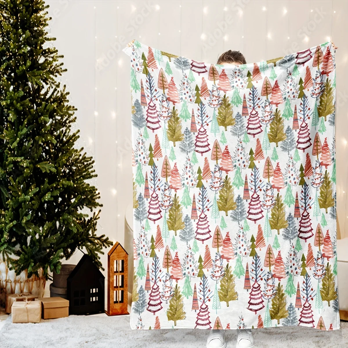 2D Flat Print, 1pc of Fresh Christmas Holiday-style Throw Blanket/blanket, Featuring a Multi-colored Hand-painted Style Christma