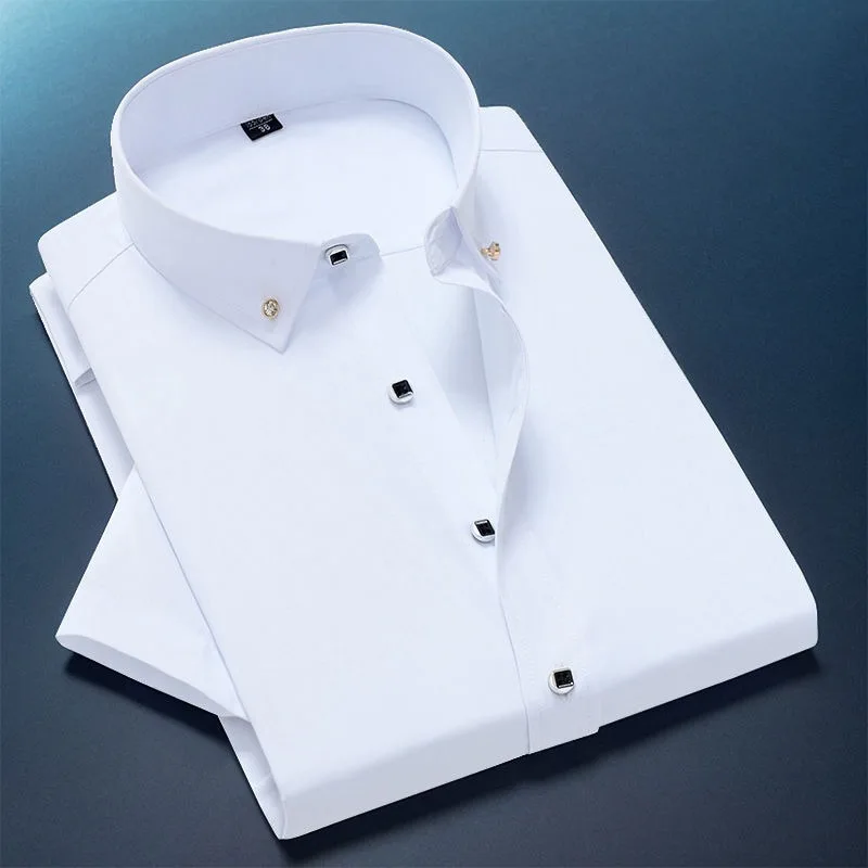 

Mens Shirts Short Sleeve Summer Business Work Casual Non Iron Solid Color Top New Style Drill Button