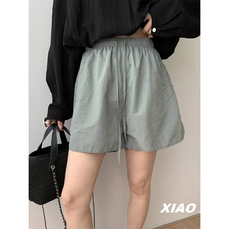 Summer Office Lady Thin Solid Loose Casual Drawstring Motion Shorts Women Fashion Breathable Lazy Comfortable Wide Leg Shorts