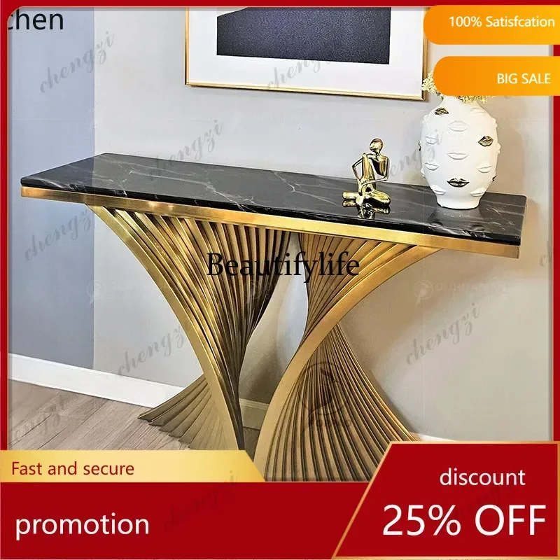 ZML stainless steel titanium marble entrance wall-mounted console table with tempered glass