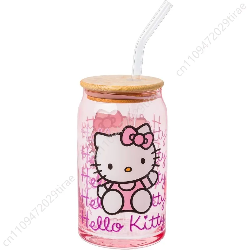 Silver Buffalo Sanrio Hello Kitty Waving Pink Glass Jar Tumbler with Bamboo Lid and Glass Straw, 16 Ounces