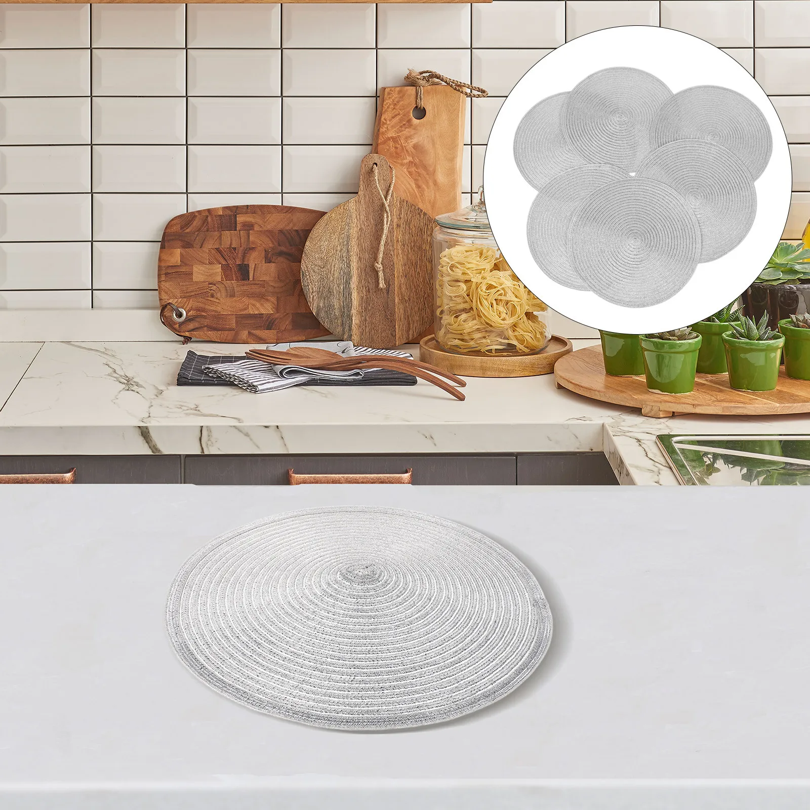 

6Pcs Round Woven Cotton Placemats Heat Proof Hot Pads Kitchen Table Protector Dining Hot Dish Trivets Coasters